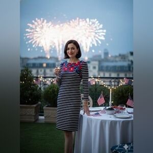 Talbots M Navy Striped Dress with Red Floral Design 3/4 Sleeve